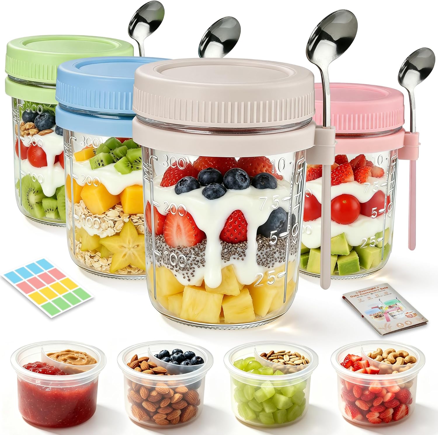 Meal Prep Glass Containers With Lids - 4Pcs Overnight Oats Containers with Lids