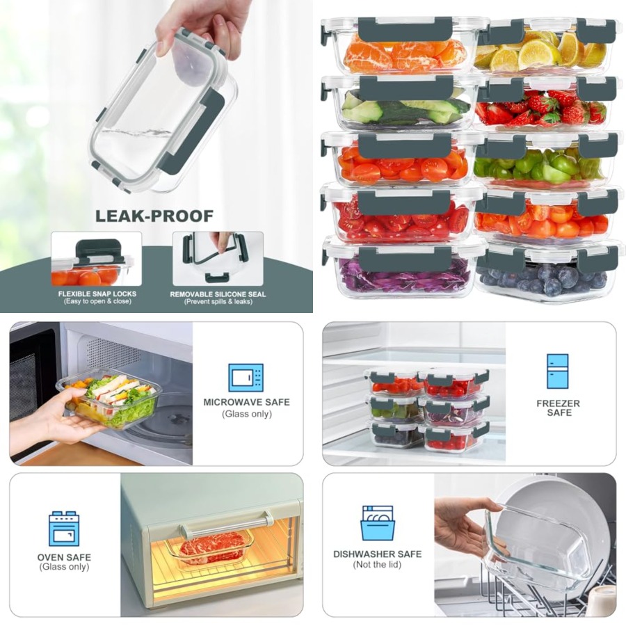 Meal Prep Glass Containers With Lids - 10 Packs 22 oz Glass Meal