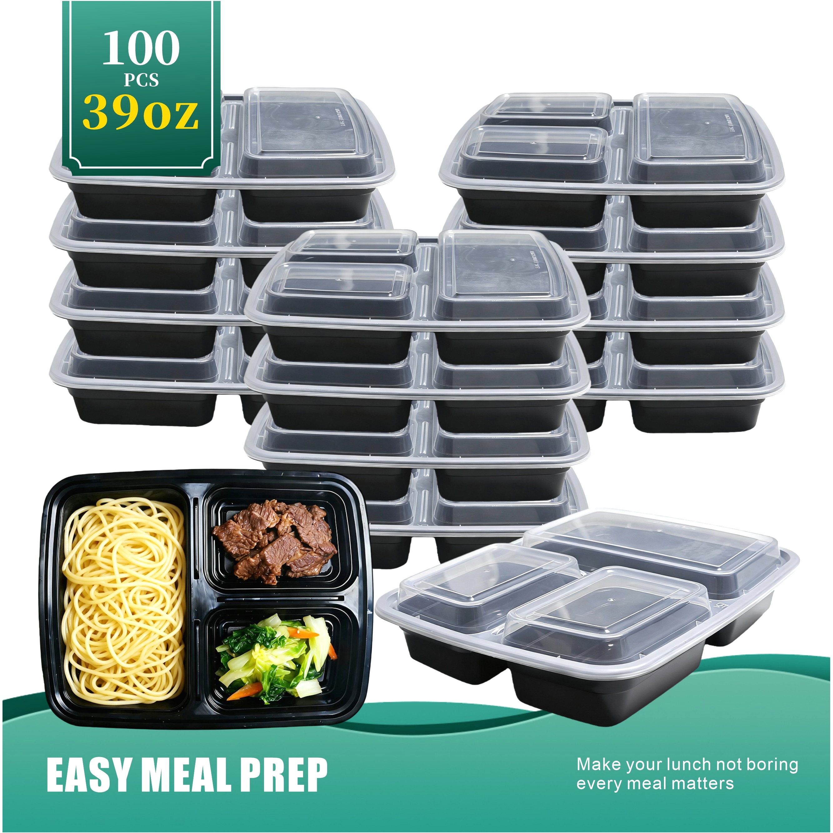 Meal Prep No Microwave - 100-Piece 39oz Black 3-Section Meal Prep