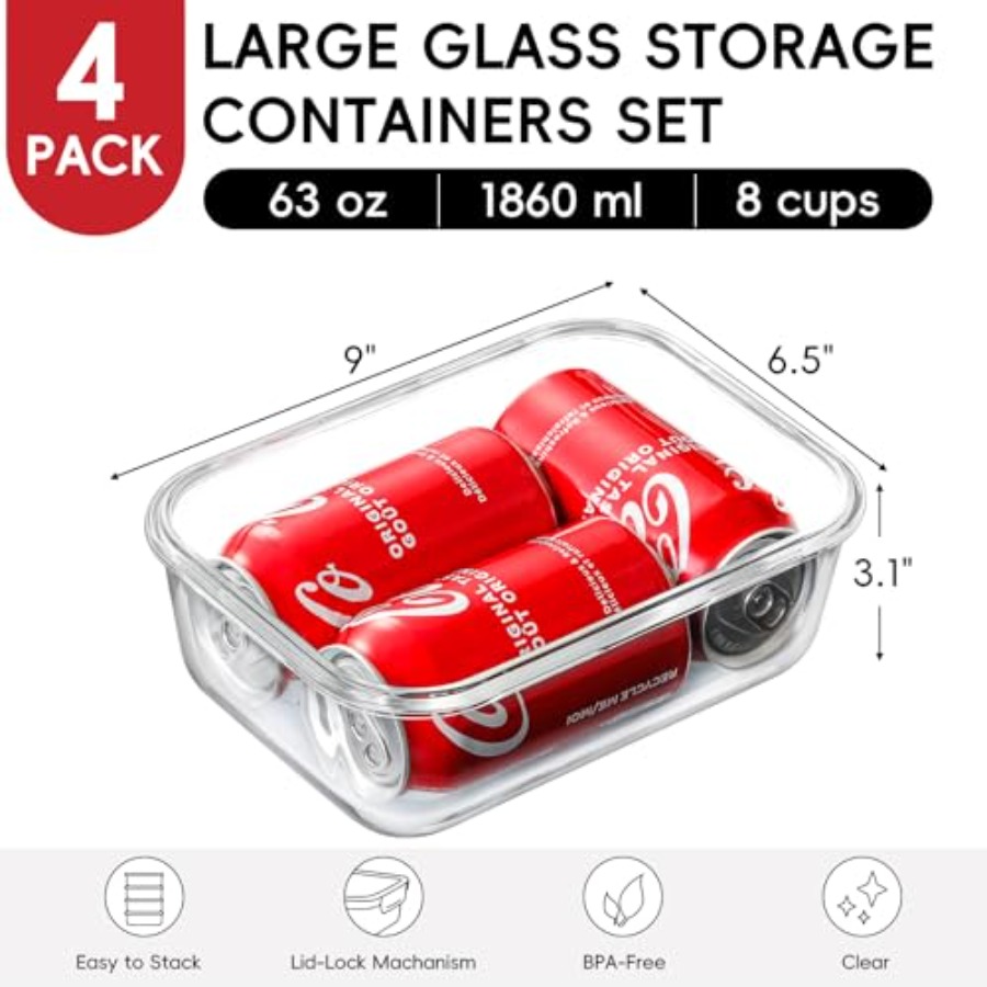 4 Pack 8 Cups/ 63oz Large Glas - đánh giá và giá Meal Prep Glass Containers With Lids